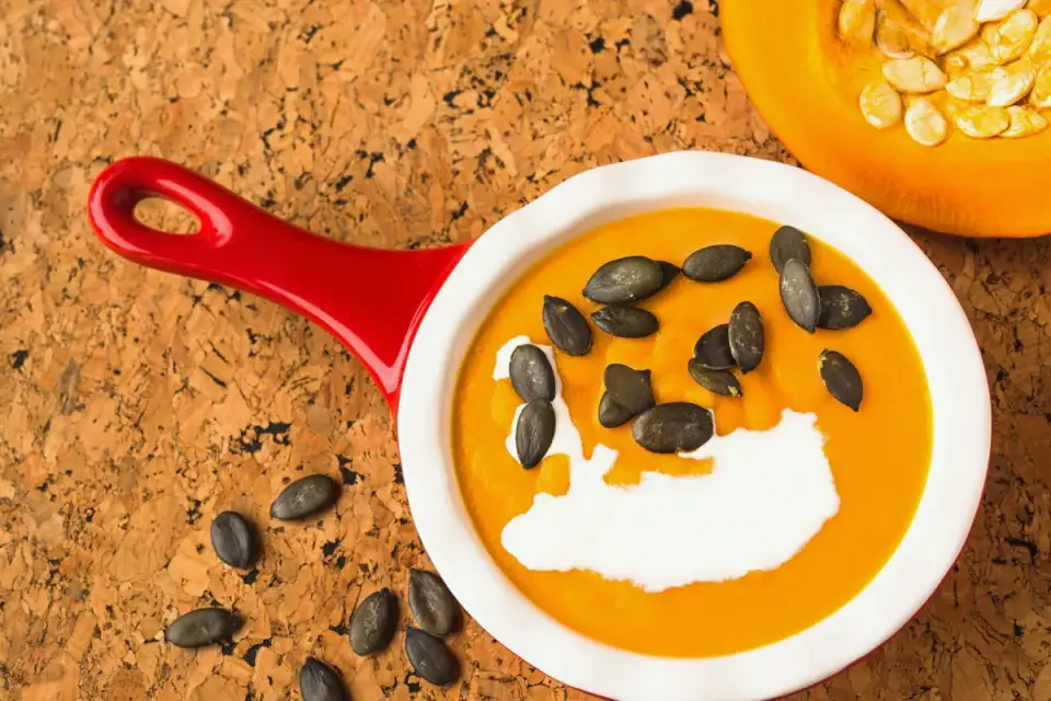 Small measured portions of plain chicken and pumpkin puree next to a dog&#x27;s kibble